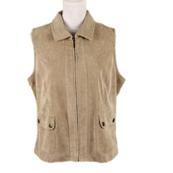 Southern Lady Vintage Tan Corduroy Pointed Collar Sleeveless Zip Up Vest - Picture 1 of 11